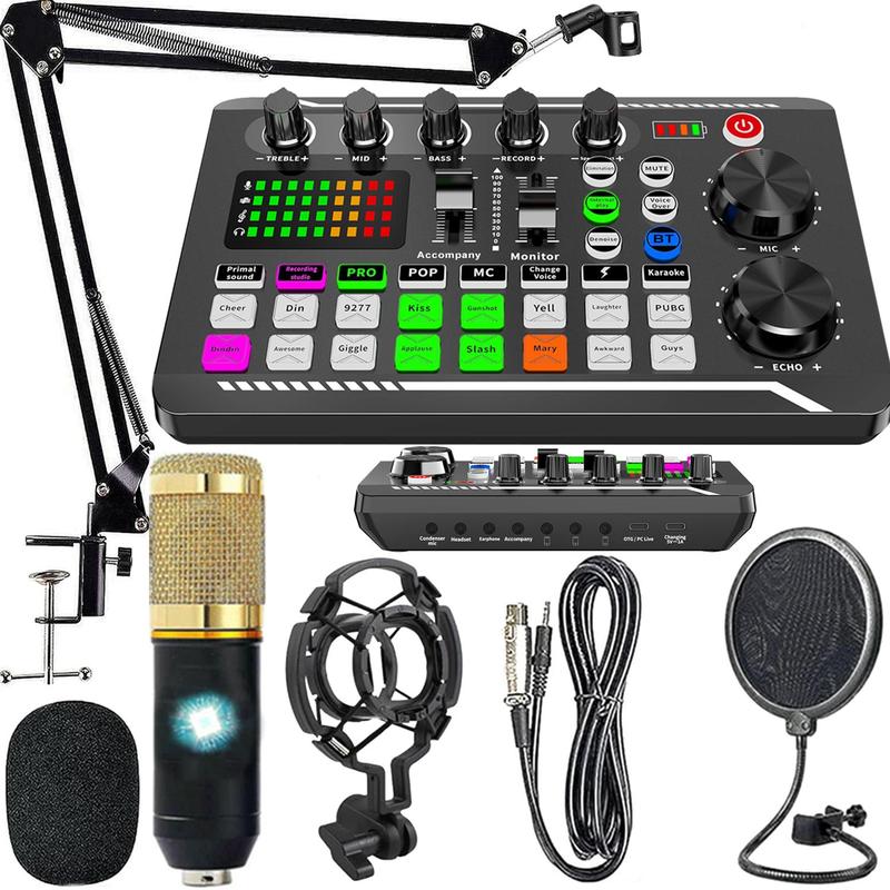 F998 Podcast Equipment Bundle, 1 Set Audio Mixer & Microphone, Multifunctional Podcast Device with Microphone for Live Streaming, Podcast Recording, PC