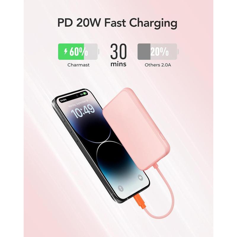 Portable Charger, 5000mAh Fast Charging Power Bank Built in for iPhone Cable, Digital Display Battery Pack Compatible with iPhone 14 14 Pro Max 13 13 Pro Max 12 11 XR X (No-Wireless)