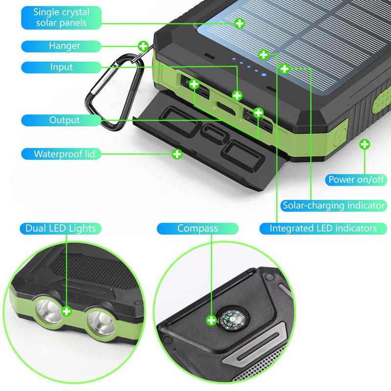 10000mAh Outdoor Power Bank with Solar Panel, Portable Solar Phone Charger, Dual USB Ports Power Bank with Dual LED Flashlight for Travel, Camping