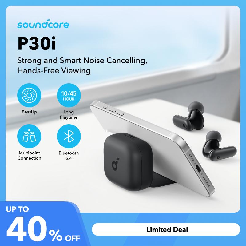 Soundcore P30i by Anker Noise Cancelling Earbuds, Strong and Smart Noise Cancelling, Powerful Bass, 45H Playtime, 2-in-1 Case and Phone Stand, IP54, Wireless Earbuds, Bluetooth 5.4-TTS