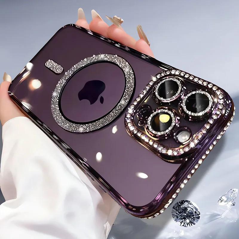 Bling High-grade Glitter Rhinestones Phone Case For iPhone 15 11 12 13 14 16 Pro Max Plus Magsafe Magnetic Clear Lens Protect Cover Girls Link No.245