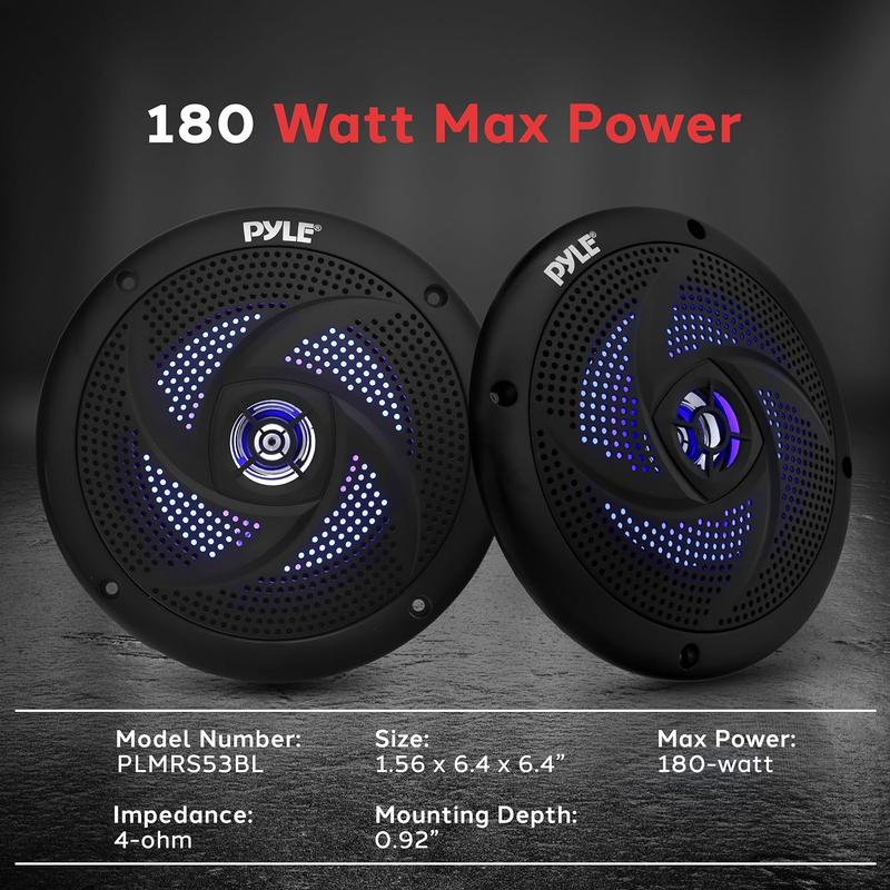 Pyle Marine Speakers - 5.25 Inch 2 Way Waterproof And Weather Resistant Outdoor Audio Stereo Sound System With LED Lights, 180 Watt Power And Low Profile Slim Style - 1 Pair - PLMRS53BL (Black)