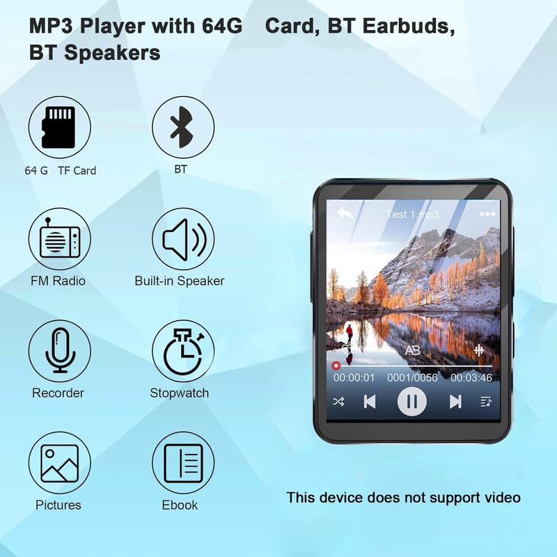 MP3 Player with 64G Memory Card, Portable Wireless MP3 Music Player with Wired Headphone, Music Player for Home & Office