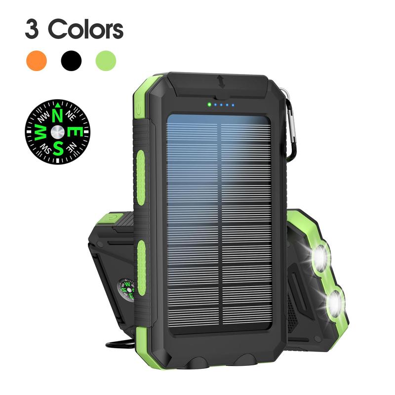 10000mAh Outdoor Power Bank with Solar Panel, Portable Solar Phone Charger, Dual USB Ports Power Bank with Dual LED Flashlight for Travel, Camping