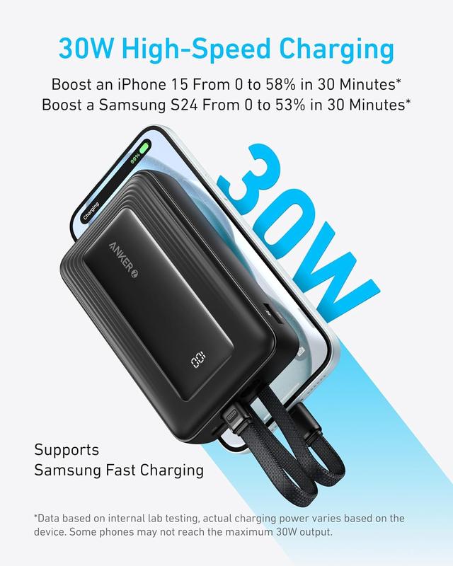 Anker Zolo Power Bank, 10,000mAh 20,000mAh 30W Max Fast Portable Charger with Built-in USB-C and MFi Certified Lightning Cables, 1 USB-C, 1 USB-A, Battery Pack for iPhone 15 14 Series, MacBook, Galaxy (Black), charging devices