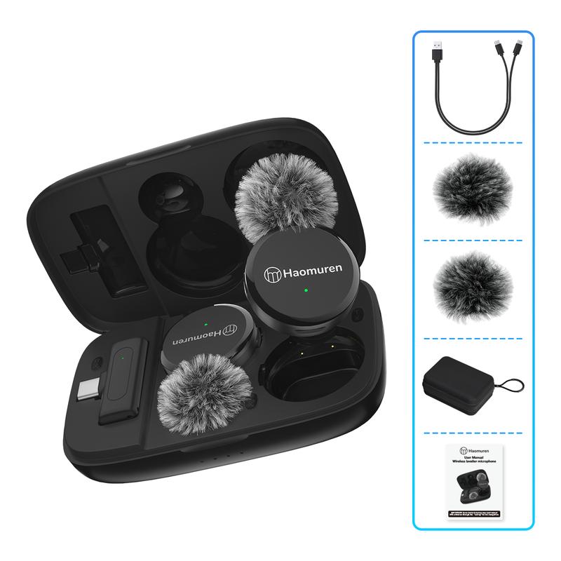 Haomuren Wireless Lavalier Microphone, CP2(AC) 2 Pack Lapel Clip on Mic with Charging Case for iPhone Type C PC Recording, Live Stream, YouTube, TikTok, Wireless-Lavalier-Dual-Smartphone-Microphone Audio Chargeable wireless lapel mic small microphone