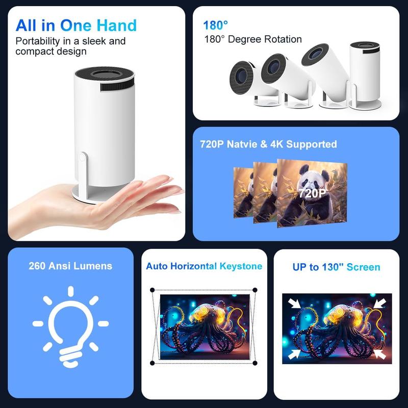 Projector 4K 1080P Support, Mini Projector Smart for Movie Projection Compatible with Phone Screen Adjustment, 180 Degree Rotation, Home Video Projector Built-in Android 11.0 OS