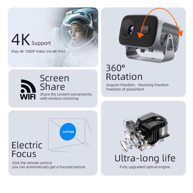 4K Mini Projector 16000 Lumen LED 1080P WiFi Bluetooth UHD Portable Home Theater, 2.4 5G WiFi Smart Projector 4K  200 ANSI, 200 Inch Screen, Built-in speaker, Auto Keystone Correction Portable Projector, BT 5.2, 360 Degree Flip, Home Video Projector