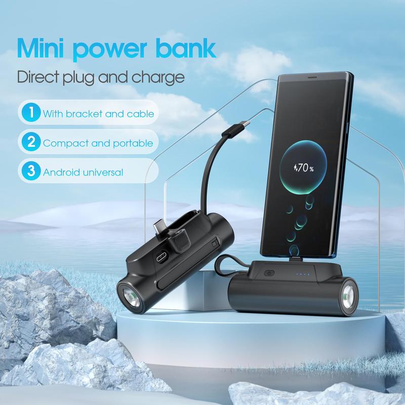 Portable Mini Phone Charger, 5000mAh Power Bank with USB C Output Cable, Mini Phone Power Bank with Bright Flashlight & Stand for iPhone Samsung Galaxy