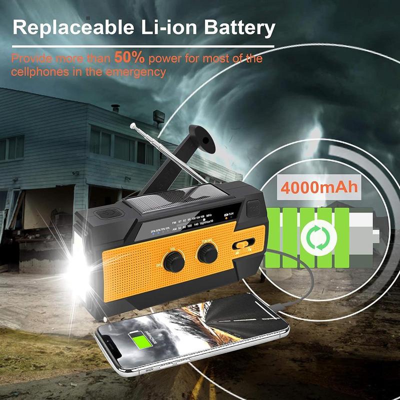 Solar Powered Emergency Hand Crank Radio, Summer 4000mAh Hand Crank FM AM Radio with Flashlight, Portable Radio, Weather Alert Audio Radio Tools, Phone Charger