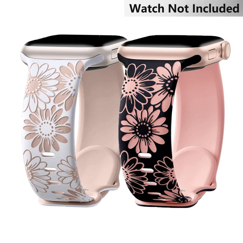 Floral Engraved Watch Band (Band Only), 2 Counts Soft Silicone Sports Watch Band, Smart Watch Band, Wearable Accessories for iWatch Series 9 8 7 6 5 4 3 2 1 SE Ultra 2