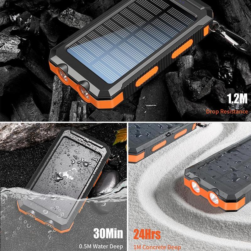 10000mAh Outdoor Power Bank with Solar Panel, Portable Solar Phone Charger, Dual USB Ports Power Bank with Dual LED Flashlight for Travel, Camping