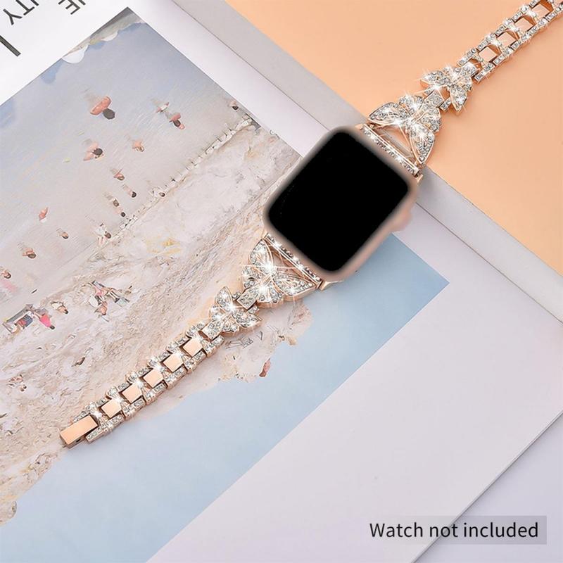 GIROUETTE Butterfly Rhinestone Decor Watch Band, Fashionable Watch Band for Women, Watch Strap Compatible with Apple Watch Series 9 8 7 6 5 4 3 2, Smart Watch Accessories