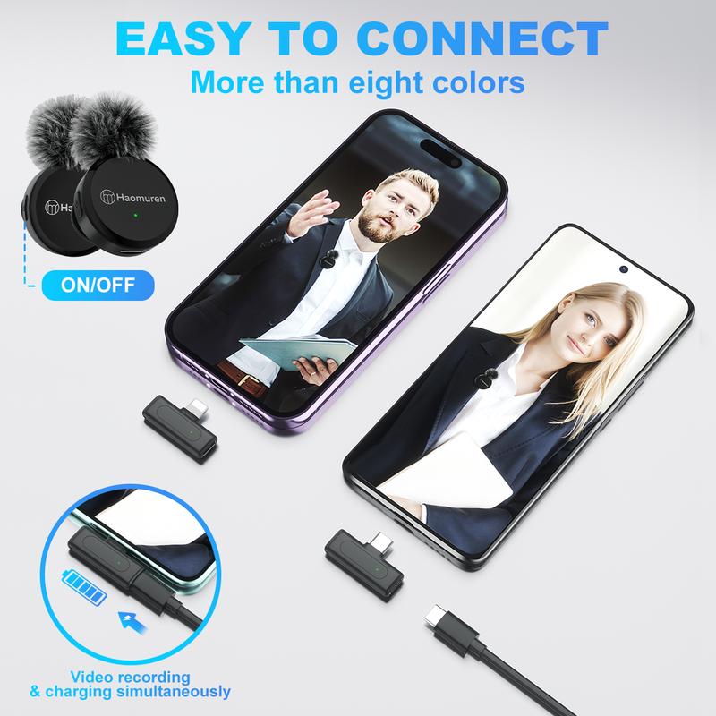 Haomuren Wireless Lavalier Microphone, CP2(AC) 2 Pack Lapel Clip on Mic with Charging Case for iPhone Type C PC Recording, Live Stream, YouTube, TikTok, Wireless-Lavalier-Dual-Smartphone-Microphone Audio Chargeable wireless lapel mic small microphone