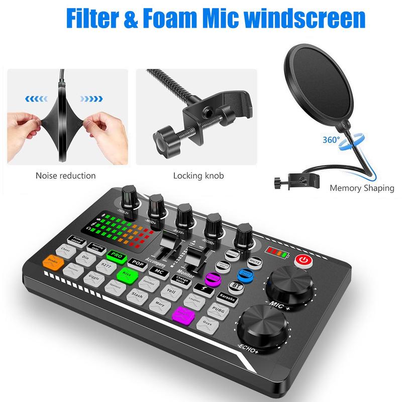 F998 Podcast Equipment Bundle, 1 Set Audio Mixer & Microphone, Multifunctional Podcast Device with Microphone for Live Streaming, Podcast Recording, PC