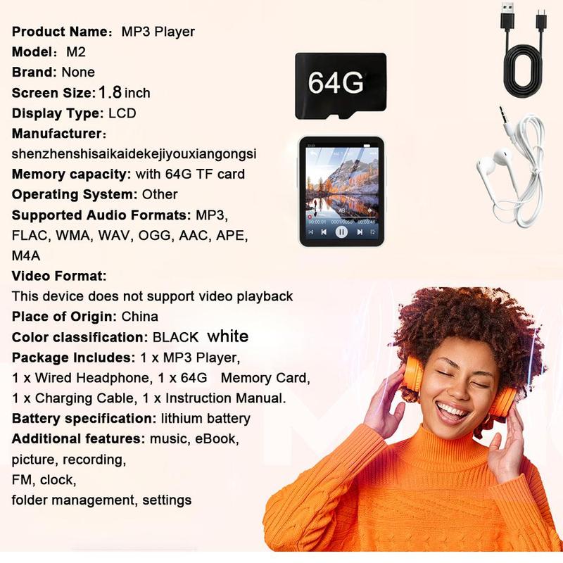 MP3 Player with 64G Memory Card, Portable Wireless MP3 Music Player with Wired Headphone, Music Player for Home & Office