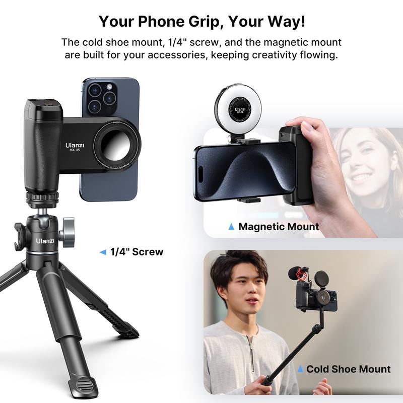 Ulanzi MA35 Smartphone Camera Shutter Grip Compatibile with MagSafe for iPhone w Wireless Remote Control Phone Clamp Holder Selfie for 1 4 Tripod Mount Cold Shoe Extension Video Shooting Acccessories