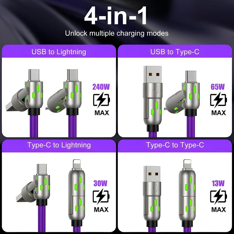 4-in-1 USB-C Cable, 240W Luminous Fast Charging & Data Sync, Anti-Tangle, 36V Max Voltage, for Smartphones, No Battery Included