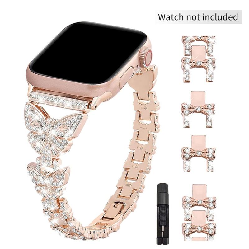 GIROUETTE Butterfly Rhinestone Decor Watch Band, Fashionable Watch Band for Women, Watch Strap Compatible with Apple Watch Series 9 8 7 6 5 4 3 2, Smart Watch Accessories