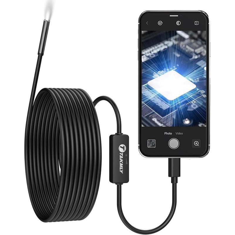 5.5mm Endoscope for iPhone, Compatible with iPad, 2.0 Megapixels HD USB C Borescope Inspection Snake Camera IP67 Waterproof with 16.4Ft Semi-Rigid Cord, 8 LED Lights