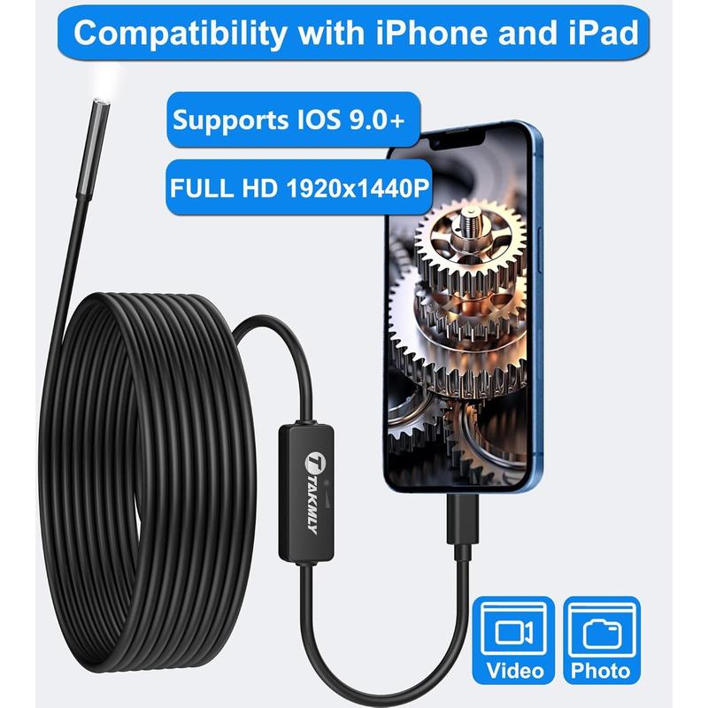 5.5mm Endoscope for iPhone, Compatible with iPad, 2.0 Megapixels HD USB C Borescope Inspection Snake Camera IP67 Waterproof with 16.4Ft Semi-Rigid Cord, 8 LED Lights