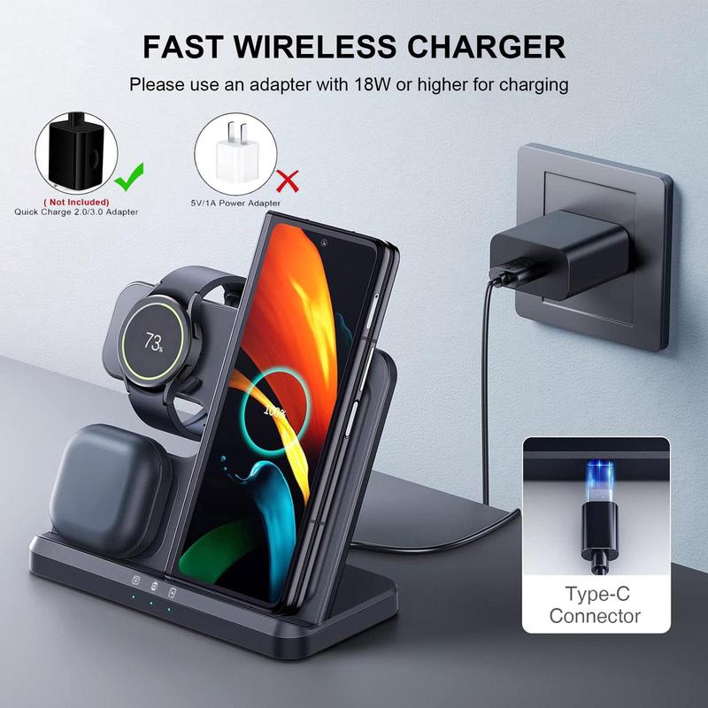 FDGAO 3 in 1 Wireless Charger, Fast Charging Station for Samsung Galaxy S24 S23 S22 S21 S20, Note Series, Z Flip Fold, Galaxy Watch 7 6 5 Pro 5 4, Active 2 1，Buds+ Pro Live