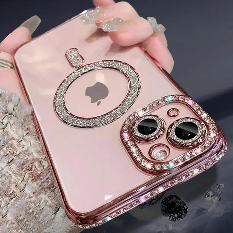 Bling High-grade Glitter Rhinestones Phone Case For iPhone 15 11 12 13 14 16 Pro Max Plus Magsafe Magnetic Clear Lens Protect Cover Girls Link No.245