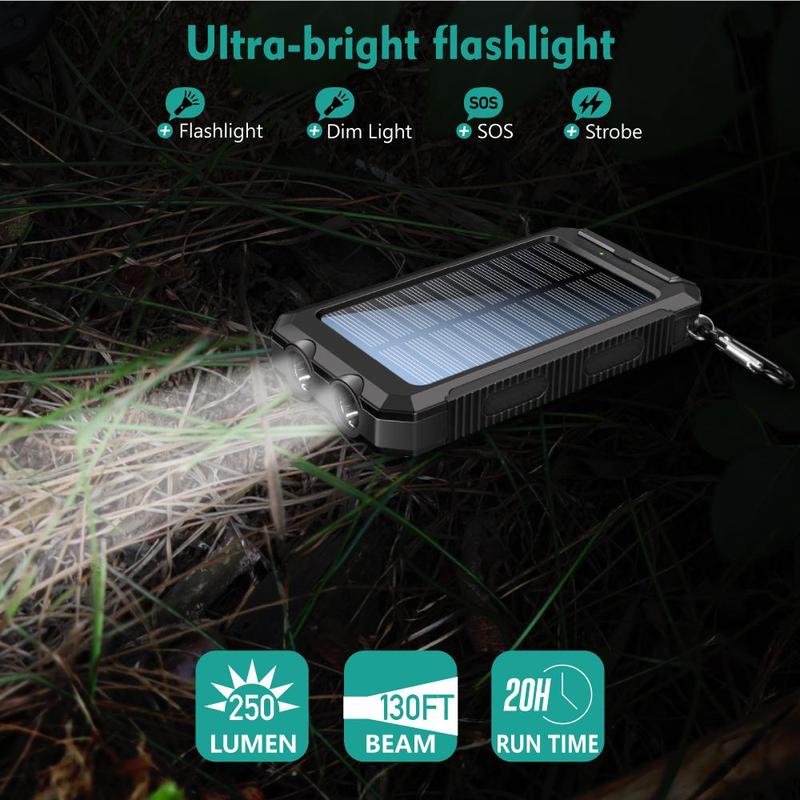 10000mAh Outdoor Power Bank with Solar Panel, Portable Solar Phone Charger, Dual USB Ports Power Bank with Dual LED Flashlight for Travel, Camping