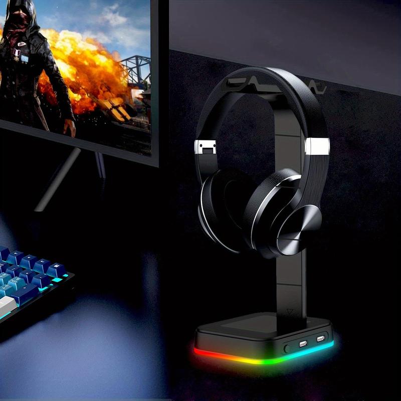 4 in 1 RGB Gaming Headphone Stand, Desk Headset Charging Base with Phone Holder & 2 USB Ports, Headphone Stand for Desktop PC Game Earphone