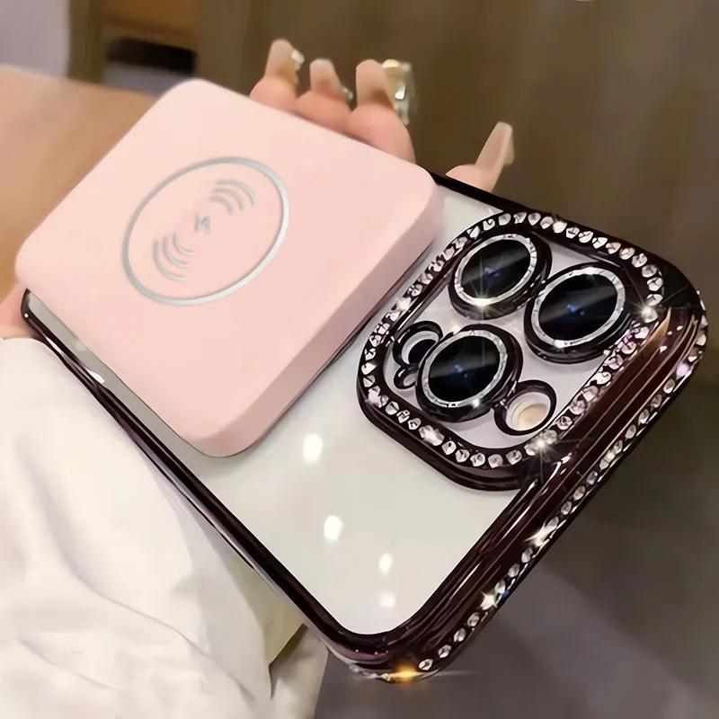 Bling High-grade Glitter Rhinestones Phone Case For iPhone 15 11 12 13 14 16 Pro Max Plus Magsafe Magnetic Clear Lens Protect Cover Girls Link No.245