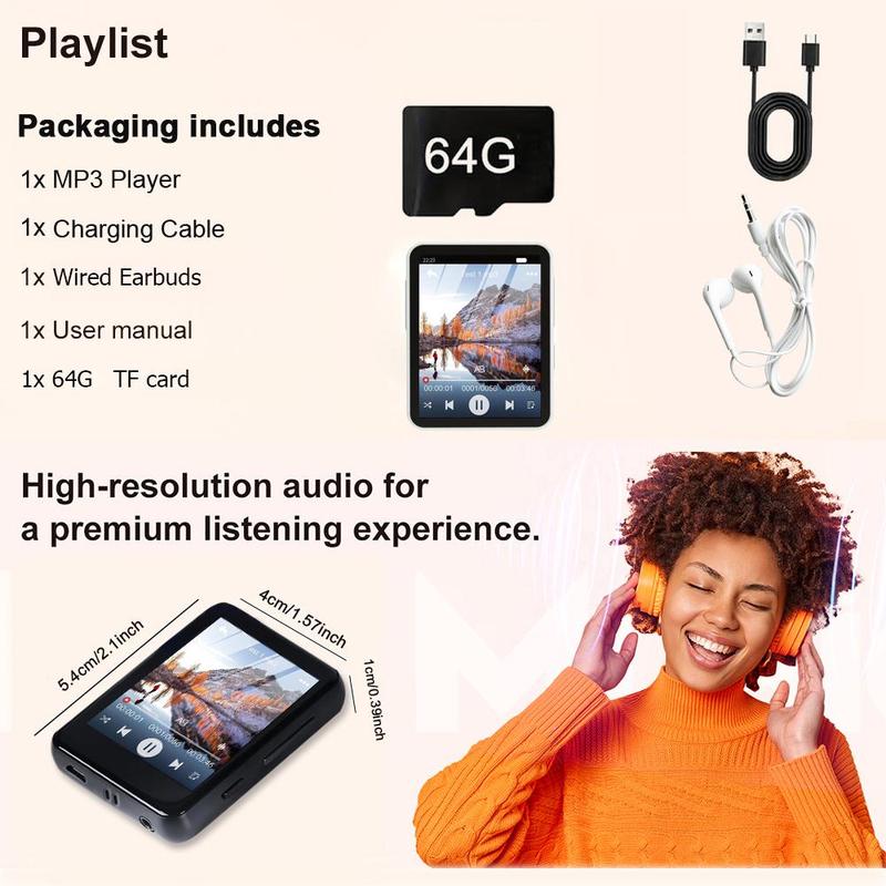 MP3 Player with 64G Memory Card, Portable Wireless MP3 Music Player with Wired Headphone, Music Player for Home & Office