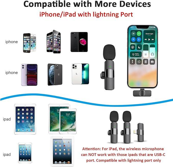 Wireless Mini Microphone，Professional Wireless Lavalier Lapel Microphone for iPhone, iPad - Cordless Omnidirectional Condenser Recording Mic for Interview Video Podcast Vlog YouTube