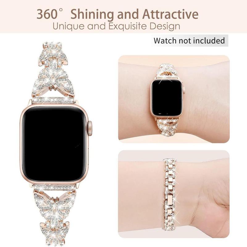 GIROUETTE Butterfly Rhinestone Decor Watch Band, Fashionable Watch Band for Women, Watch Strap Compatible with Apple Watch Series 9 8 7 6 5 4 3 2, Smart Watch Accessories