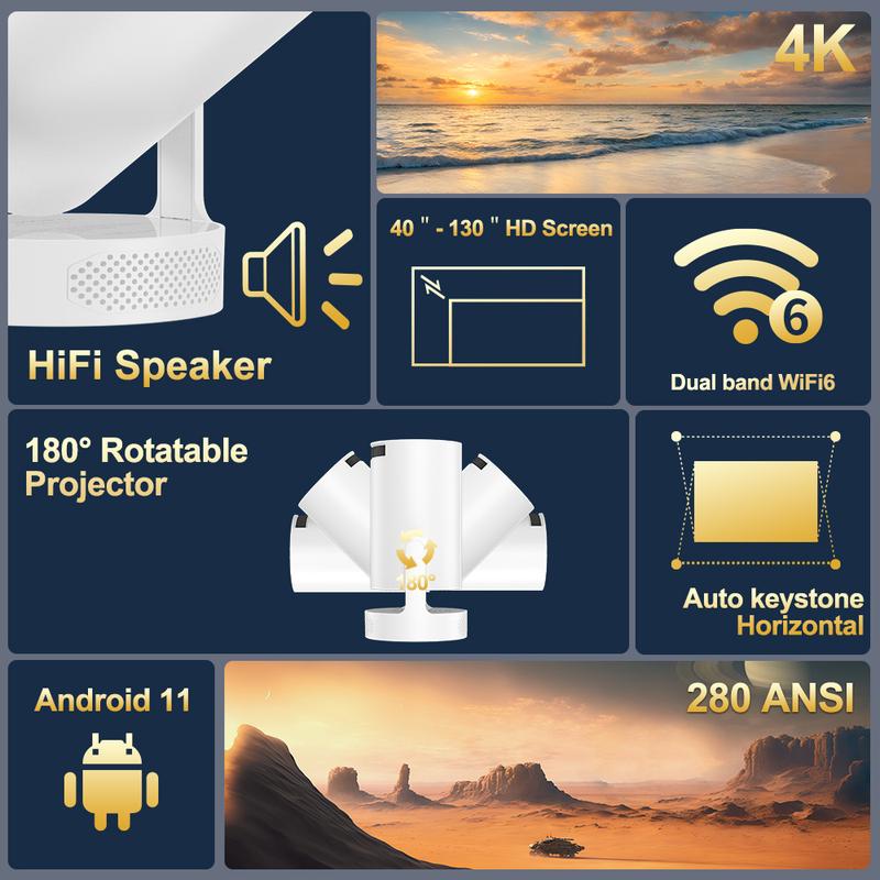 HY300 Pro HIFI Speaker Projector Android 11 Dual Wifi6 280ANSI Allwinner H713 BT5.0 1280*720P 4K Upgrade Film Sound Projector