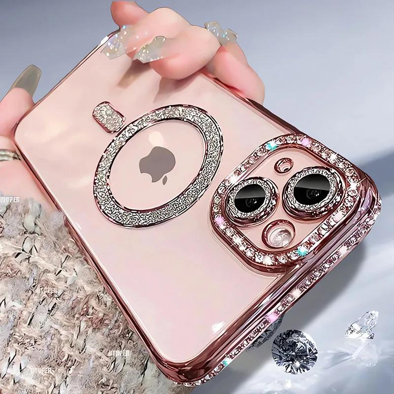 Bling High-grade Glitter Rhinestones Phone Case For iPhone 15 11 12 13 14 16 Pro Max Plus Magsafe Magnetic Clear Lens Protect Cover Girls Link No.245