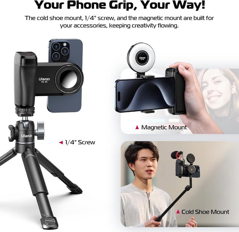 ULANZI Selfie Phone Tripod Mount MA35, 2-in-1 Magnetic & Phone Clip Camera Grip Handle Holder with Detachable Remote Shutter with Cold Shoe Adapter for iPhone 15 16 Samsung Smartphone Video Shooting