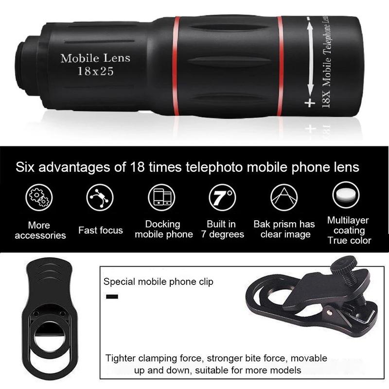 Universal Phone External Long-range Lens, 18X Optical Zoom Lens, Phone Camera Single-eye Lens, Suitable for Most Smartphones