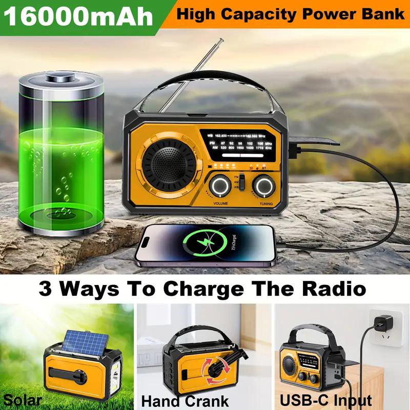 16000mAh Portable Emergency Weather Radio Hand Crank Radio AM FM NOAA Radio Solar Radio With 2 Solar Panels 3Charging Methods SOS Alert 3 Modes Flashlight Cell Phone Charger Reading Light tent light