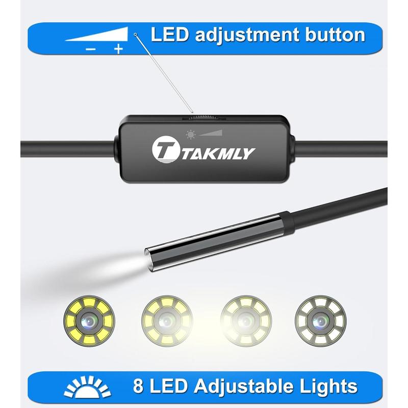 5.5mm Endoscope for iPhone, Compatible with iPad, 2.0 Megapixels HD USB C Borescope Inspection Snake Camera IP67 Waterproof with 16.4Ft Semi-Rigid Cord, 8 LED Lights