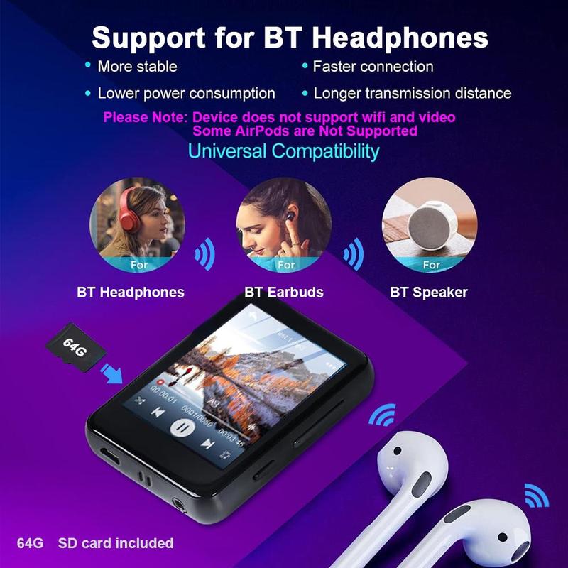 MP3 Player with 64G Memory Card, Portable Wireless MP3 Music Player with Wired Headphone, Music Player for Home & Office