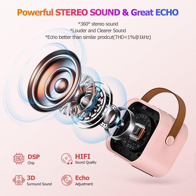 Mini Karaoke Machine with 2  Microphone, Portable Pink  Speaker for  Adult, Birthday Teen Toys Gifts Ideas for Girls Ages 4 5 6 7 8 9 10 11 12+ Year Old, Family Home Party