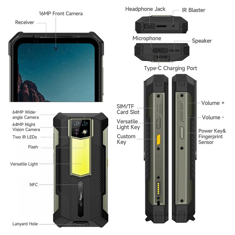 Ulefone Armor 24 Rugged Mobile Phones, 1000LM Camping Light IP68 69K, 22000mAh(66W), MTK Helio G96 24GB RAM+256GB ROM Android 13, 64MP+64MP Night Vision Camera, 6.78