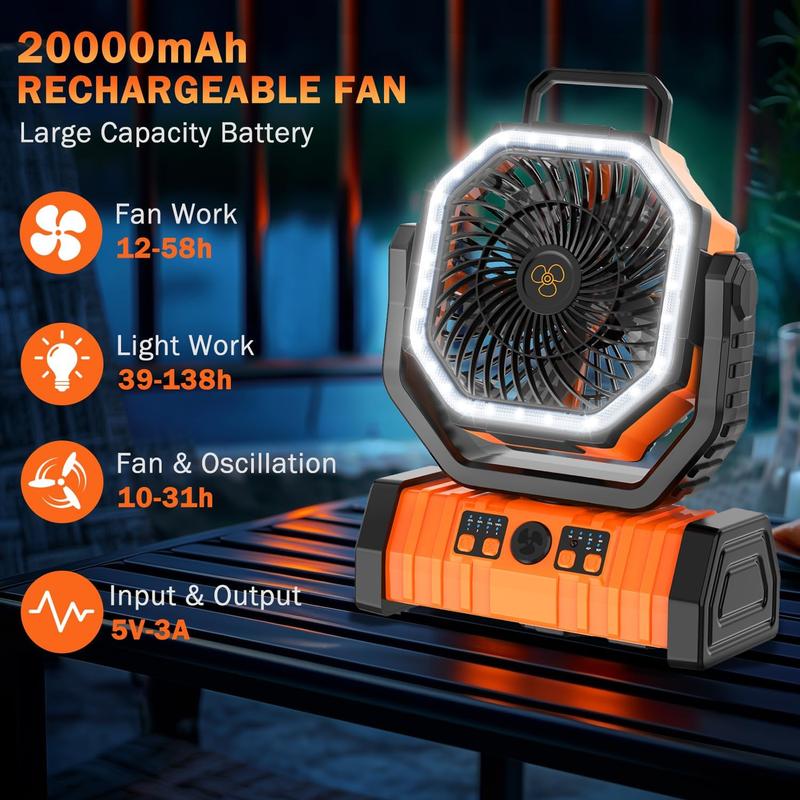 JOYYE Portable Fan, Portable Camping Fan, Auto-Oscillating Desk Fan with Remote & Hook with Timer, LED Lights, Summer Travel Camping Essentials