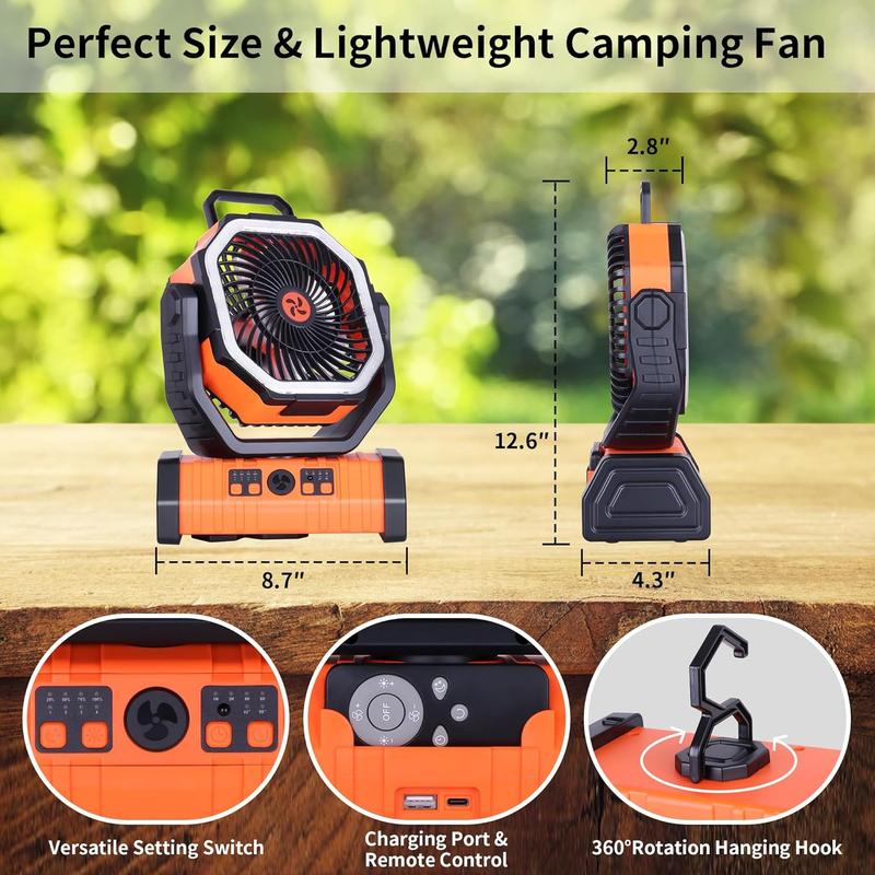 JOYYE Portable Fan, Portable Camping Fan, Auto-Oscillating Desk Fan with Remote & Hook with Timer, LED Lights, Summer Travel Camping Essentials