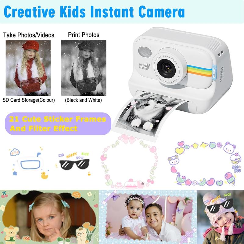 Kids Instant Print Camera, Birthday Gift for Boys and Girls Ages 3-12 - Kids 1080P Video Camera, Gift for Boys Ages 3 4 5 6 7 8 9 10 11 12 - Christmas Holiday Gift for Girls - White