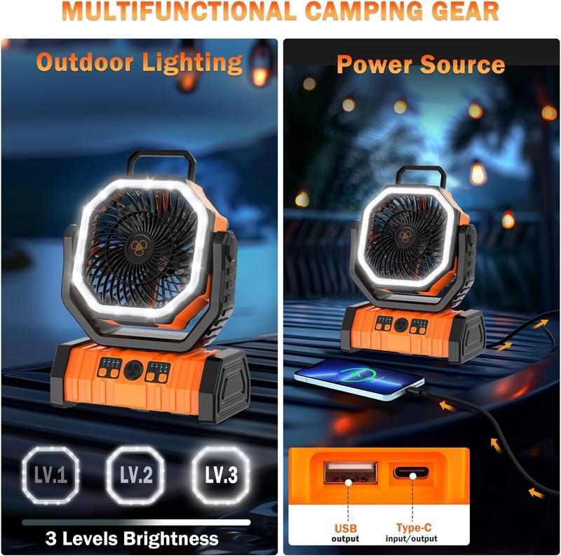 JOYYE Portable Fan, Portable Camping Fan, Auto-Oscillating Desk Fan with Remote & Hook with Timer, LED Lights, Summer Travel Camping Essentials