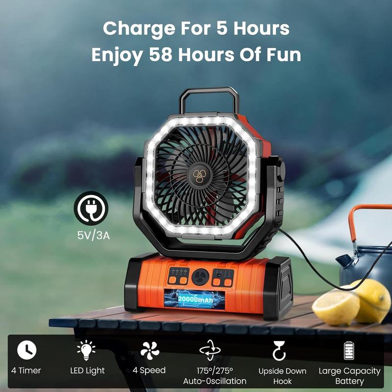 JOYYE Portable Fan, Portable Camping Fan, Auto-Oscillating Desk Fan with Remote & Hook with Timer, LED Lights, Summer Travel Camping Essentials