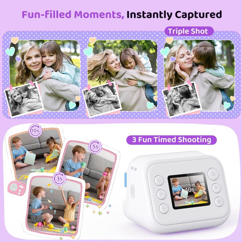 Kids Instant Print Camera, Birthday Gift for Boys and Girls Ages 3-12 - Kids 1080P Video Camera, Gift for Boys Ages 3 4 5 6 7 8 9 10 11 12 - Christmas Holiday Gift for Girls - White