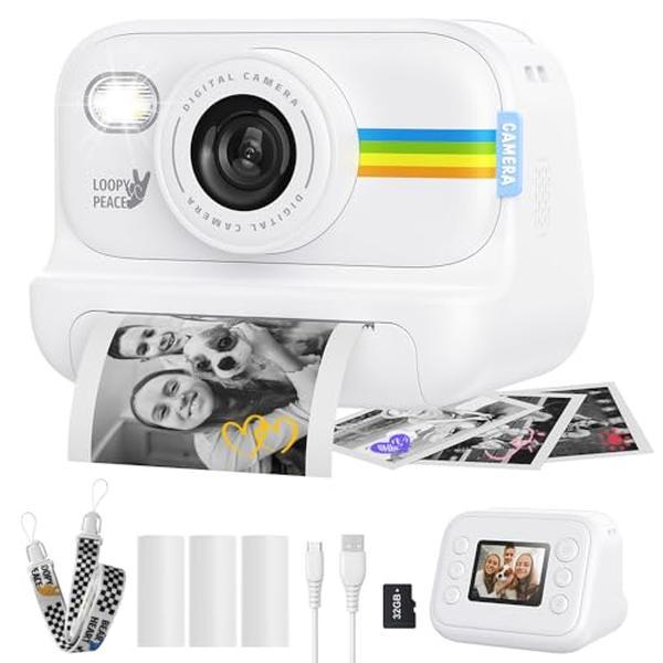 Kids Instant Print Camera, Birthday Gift for Boys and Girls Ages 3-12 - Kids 1080P Video Camera, Gift for Boys Ages 3 4 5 6 7 8 9 10 11 12 - Christmas Holiday Gift for Girls - White