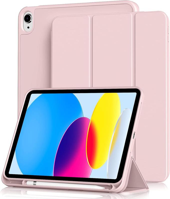 for iPad 10th Generation Case 10.9 inch 2022 with Pencil Holder,  Trifold Stand Case with Slim Soft TPU  Shell Cover for iPad 10th Gen, Support Touch ID, Auto Wake Sleep, Pink